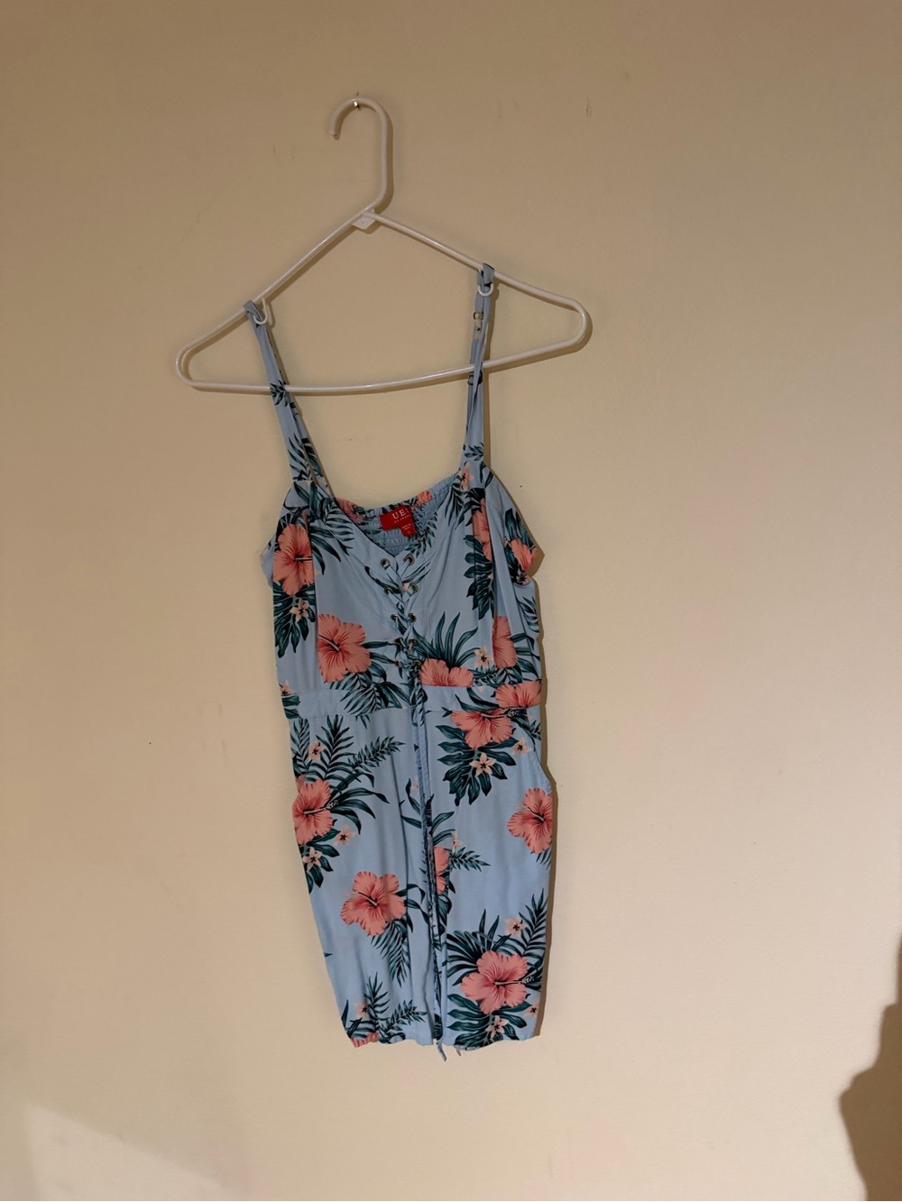 Guess Light Blue Floral Romper with Pink Hibiscus